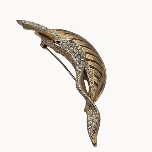 VTG Brooch Gold Tone Leaf Botanical Rhinestone Falling Tree Autumn Fall Harvest - Picture 6 of 13